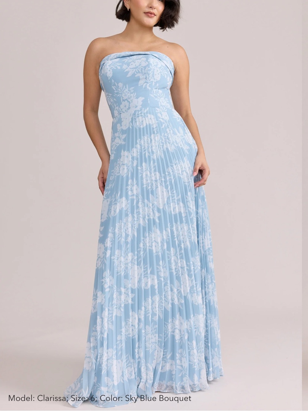 Revelry Strapless Light Blue & White Floral Pleated Maxi Dress